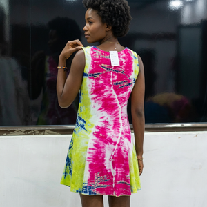 Robe décontractée pour femme en rayonne tissée, coupe trapèze, sans manches, col en V, tie-dye, infroissable, coupe ample, pour l'été et le printemps - Product Image 3