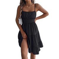 Nouvelle Robe Décontractée Sans Manches à Bretelles Col Carré Taille Empire Antistatique à Volants Tissée Longueur Genou pour Femme Style Européen et Américain