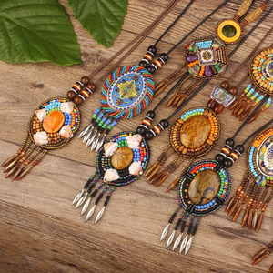 Vintage Colorful Handmade Seed Bead <strong>Nepal</strong> Tibetan Shell Flower Tassels Necklace Leathers Chain Long Sweater Ethnic Necklace - Product Image 1