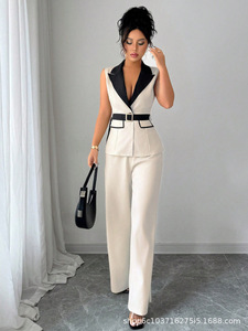 Completo Moda Primavera-Estate: Top Senza Maniche con Scollo a V e Cintura, <span class=keywords><strong>Pantaloni</strong></span> Dritti, Set Due Pezzi per <span class=keywords><strong>Donna</strong></span> - Product Image 4