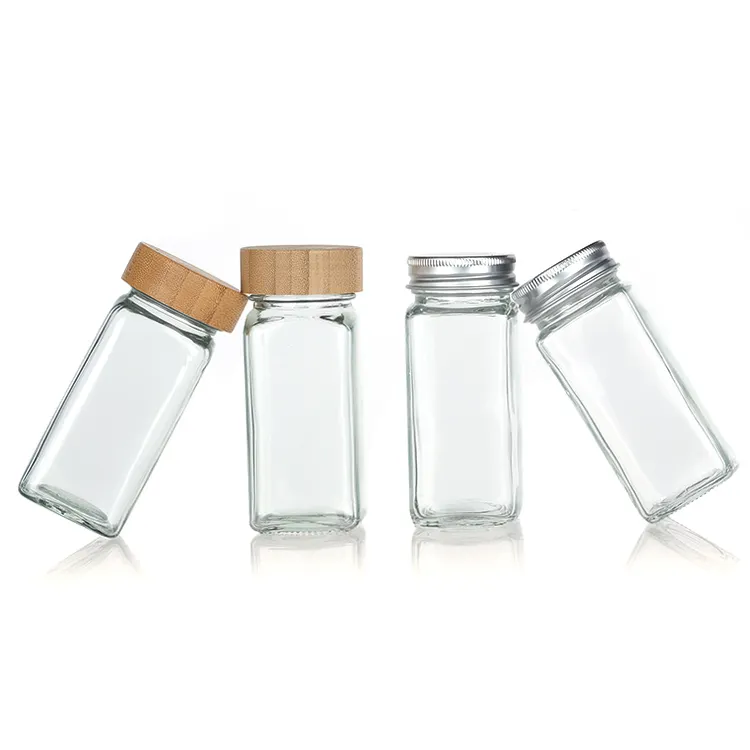 Frasco de vidro personalizado para tempero com tampa de bambu, frasco de vidro com tampa de madeira de 2 onças e 8 onças