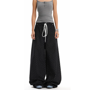 Pantalones vaqueros de mezclilla de pierna ancha recta con cordón en la cintura para mujer, estilo vintage con lunares, para uso diario y trabajo, venta al por mayor - Product Image 4