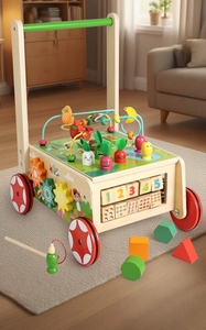 Cube d'activités en bois 9-en-1 pour tout-petits de 1 an et plus, <span class=keywords><strong>chariot</strong></span> d'activités avec blocs, trotteur en bois pour bébé avec labyrinthe de perles - Product Image 2