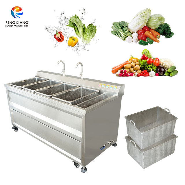 Double Tank Vegetable Washing Machine Fruit Corn Shrimp Meat Ultrasonic Ozone Bubble Washer with Four Baskets