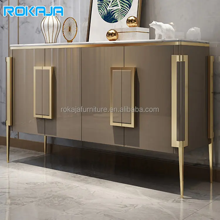 Muebles modernos Aparador Hornear Laca Mango de metal Aparador de madera Sala de estar Base de oro Gabinete de almacenamiento simple