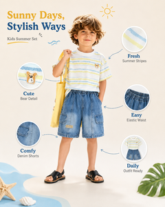Ensemble d'été pour garçons : T-shirt rayé et short cargo en jean de coton <span class=keywords><strong>bleu</strong></span> délavé avec patch ours, tenues mignonnes pour enfants - Product Image 5