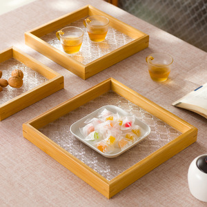 Plateau à thé en bambou rectangulaire de grande taille avec insert en verre pour tasses à thé et gobelets à eau, utilisation en restaurant, style chinois simple - Product Image 2