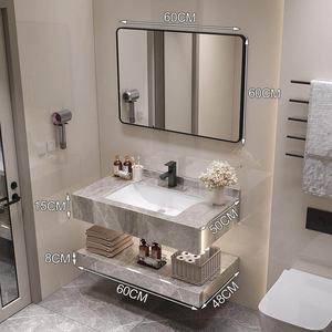 Mueble de Baño de Pared Gris de Lujo, con Doble Estante de <span class=keywords><strong>Piedra</strong></span>, Gabinete Resistente al Agua y a los Arañazos con Espejo LED para Hotel - Product Image 6