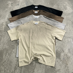 T-shirt Vintage Homme Col Montant en Coton Lavé Épais, Coupe Ample Streetwear, Vente en Gros, Personnalisation Logo Usine 6633 - Product Image 1