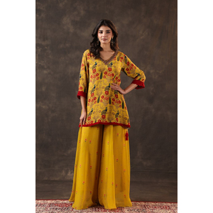Mustard Floral Printed <b>Kurti</b> Palazzo Set Embroidered V Neck Ethnic Festive Casual Traditional Outfit <b>Women</b> - Product Image 1