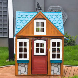 Casita de juegos de madera para exteriores con techo de plástico azul, toldo, ventana de servicio y banco - Cabaña infantil para jardín - Product Image 2