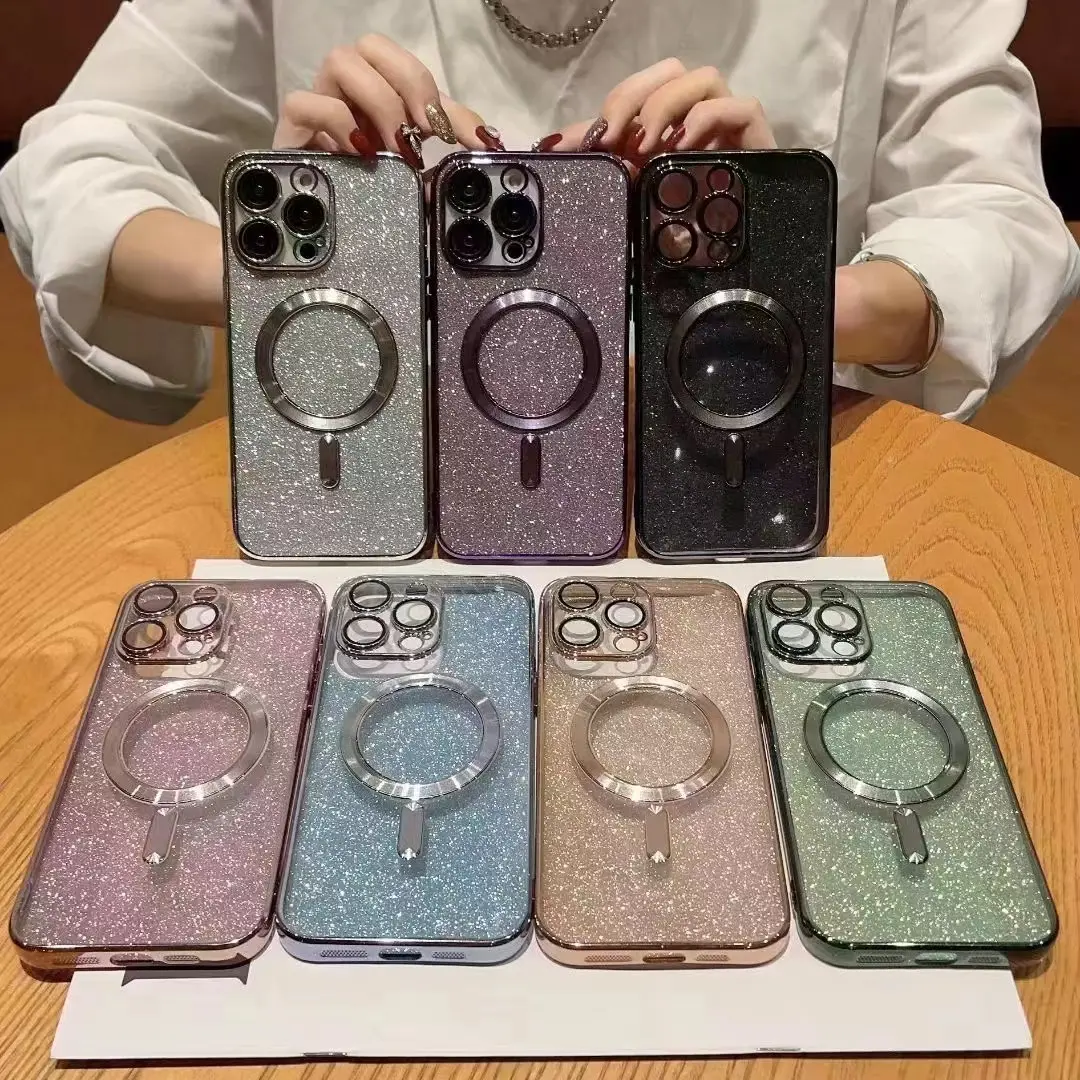 mobile phone case electroplating magnetic glitter with lens film mobile cell case for iphone 14 pro max phone case