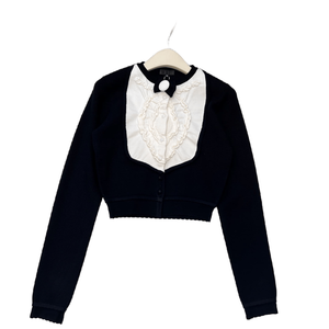 Contrast Trim Ruffle Front Cropped Cardigan with Bow Detail Elegant Knit <b>Jacket</b> - Product Image 1