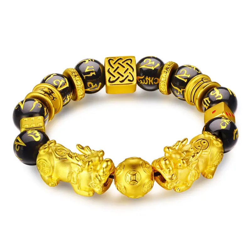 Fashion Gold Plated Charm Pi Xiu 3D 12mm Black Obsidian Gemstone Beads Women Mnes Good Lucky Feng Shui Wealth Pixiu Bracelet