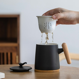 Ceramic <b>Mug</b> With Wooden Handle And Lid 301-400ml <b>Large</b> Capacity Tea Water Cup For Office Use - Product Image 3