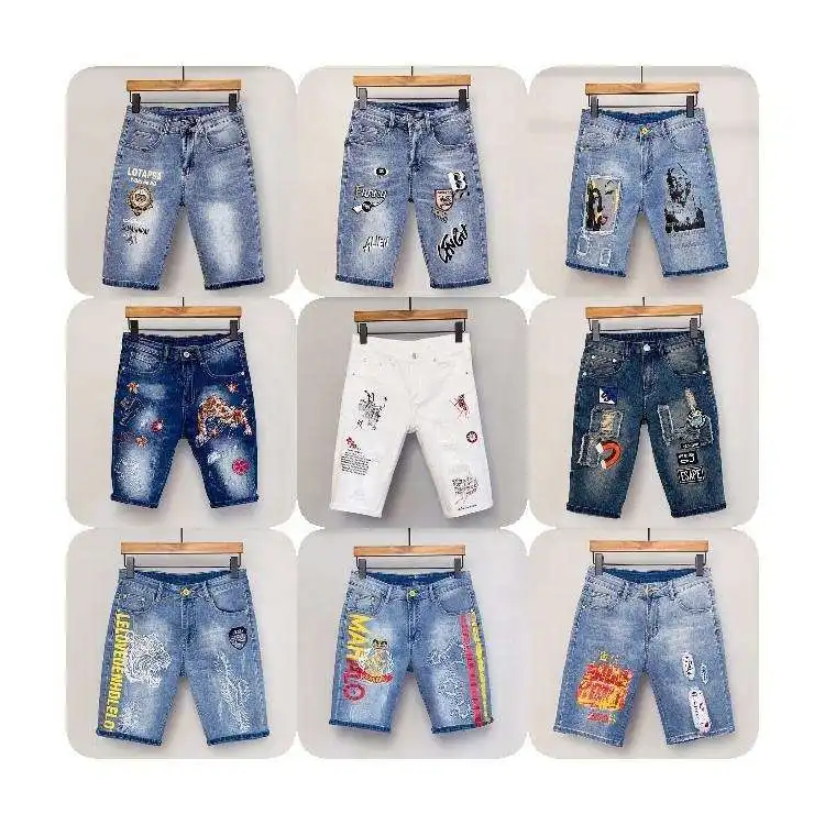 Europe and America casual loose man wash denim shorts applique embroidered shorts man