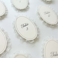 Numéros de table ovales en papier pour fête d'anniversaire et mariage avec dentelle, Décoration de table de réception de mariage OEM, Cartes de numéros de table en dentelle, Marque-places