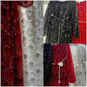 Ensemble deux pièces de luxe en dentelle festonnée perlée à la main, robe midi formelle à manches 3/4, tenue modeste musulmane de Dubaï, ensembles élégants de couleur unie - Product Image 2