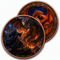 Dragon et Sorcier Magique Confronter le Château de Lave du Dragon, Pièce Souvenir Commémorative en Cuivre Fin .999 de 1 once, Artisanat Métallique