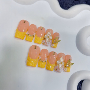 Designs d'ongles carrés faits à la main, 10 pièces, motif feuille orange, rayures, fleurs 3D, ensemble d'ongles carrés, extension d'ongles - Product Image 3