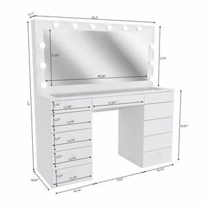 Table de toilette multifonctionnelle pour chambre à coucher, avec miroir, style contemporain, 13 tiroirs, dessus en verre blanc, commode moderne avec miroir - Product Image 6