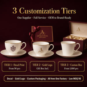 Taza y Platillo de Porcelana China con Baño de Oro Personalizado, Impresión de Logotipo OEM, Regalo Promocional Personalizado, MOQ Bajo 96 - Product Image 4