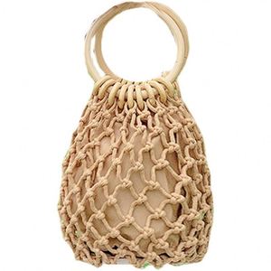 Ethnic Style Wooden Ring Handle Straw Bag Women Net <b>Mini</b> Clutch Tote Handmade Woven Cotton Rope Hollow Summer Vacation Beach Bag - Product Image 6