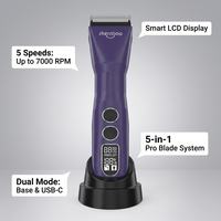 Shernbao PGC-680 5-in-1 Wiederaufladbarer Kunststoff-Tierhaarschneider Kabelloser Hundepflegetrimmer 5 Geschwindigkeiten 7000 U/min Intelligentes LCD-Display