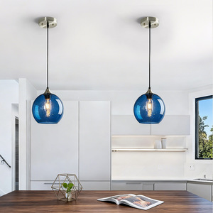 Blue Glass Pendant <b>Light</b> Round E26 Incandescent <b>Bulb</b> <b>Kitchen</b> Bar Restaurant Lighting - Product Image 2