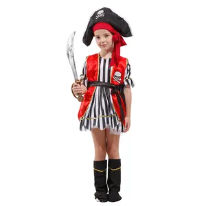 Kostum karnaval anak perempuan, kostum karnaval bajak laut bergaris hitam putih, kostum pesta peran untuk anak perempuan