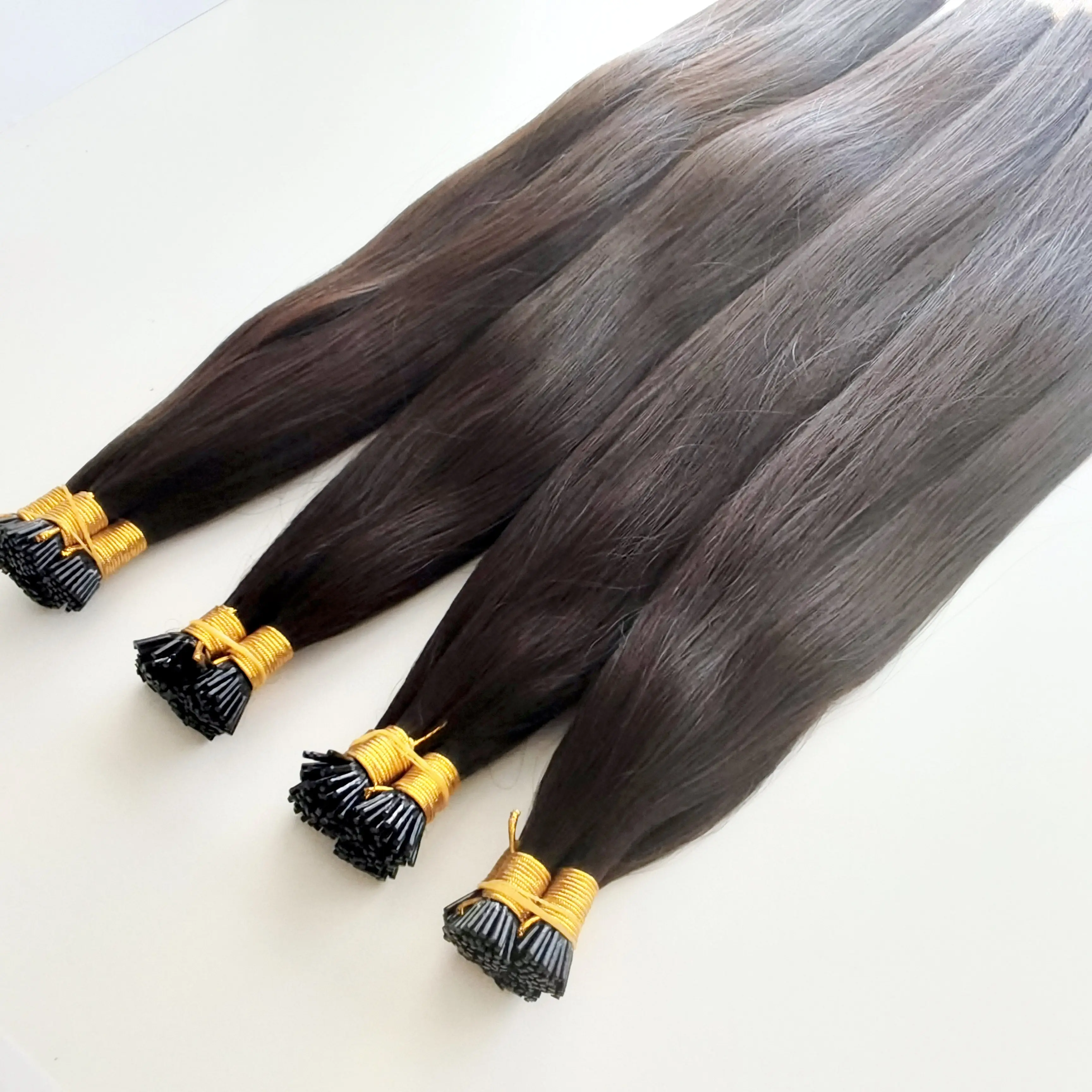 وصلات إطالة شعر I-tip غير معالج عالي الجودة من الكيراتين البشري الروسي المُوصل مسبقًا بسعر الجملة