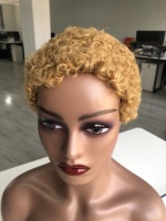 Perruques bouclées coupe pixie pour femmes, sans colle, 100% cheveux humains, brun clair 99J, boucles afro Jerry, longueurs étirées 4 pouces