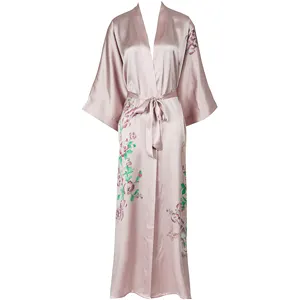 Peignoir Long personnalisé en soie, Kimono à fleurs, manches mi-longues, pour femmes, vente en gros, 100%