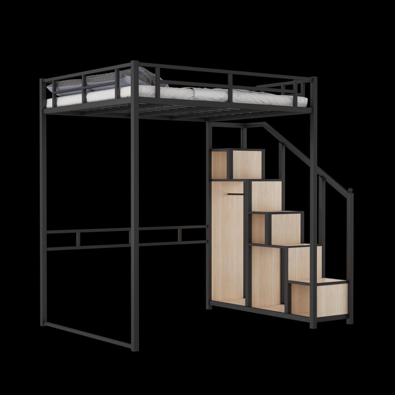 Bare bed black-stairs on the right