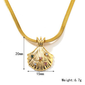 Nouveau populaire en acier inoxydable plaqué or 18 carats collier en forme de coquille pour les femmes mode en forme d'éventail Zircon pendentif fête - Product Image 2