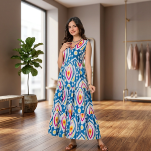 Robe Anarkali décontractée pour femme en mélange de coton tissé, col en V, brodée, sans manches, imprimé floral/géométrique, coupe évasée, longueur cheville - Product Image 3