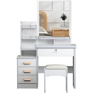 Giá thấp góc hẹp trang điểm nhà vệ sinh bàn trang điểm trắng Tủ lưu trữ tủ trang điểm Vanity với ghế và trượt gương - Product Image 3