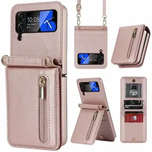 Pink Premium Leather Case Flip Cover Phone Wallet Case Covers With Lanyard Card Slot Holder for Samsung Z Flip 3 4