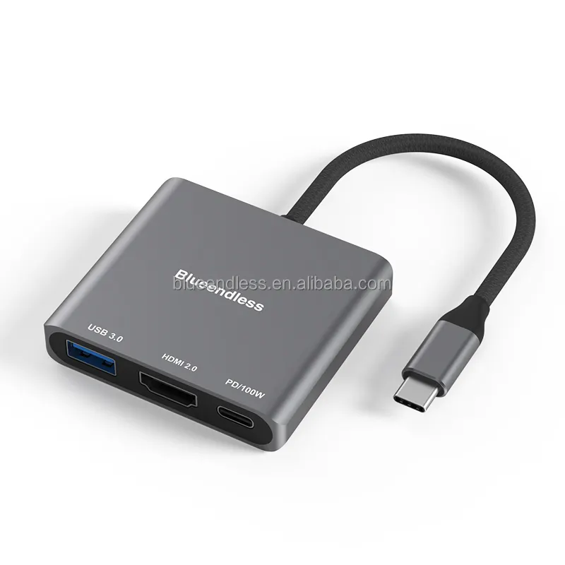 Bleendless Type C Plugger HDTV 100W PD USB 3.0 Splitter HUB Adapter For Aluminum 3 In 1 USB HUB For Laptop