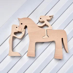 Couple et cheval Statue nautique en bois chien artisanat sculpture bureau famille chiot décoration en bois amour thème cadeau