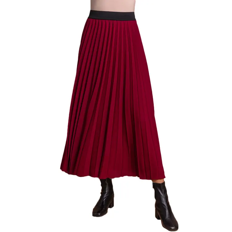Red Pleated Skirts Women Long Skirt High Grade Red Pleated Plaid Skirt