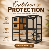 Maison pour chat d'extérieur moderne en bois de sapin massif avec toit en bois imperméable et plateforme multi-niveaux à motif imprimé