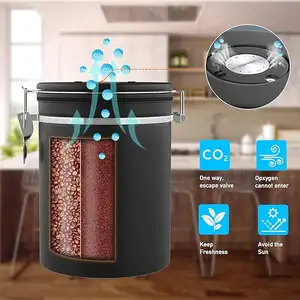 Contenedor hermético de almacenamiento de alimentos de cocina de acero inoxidable 304 para granos de café, té, azúcar, bote de café con fecha de cuchara