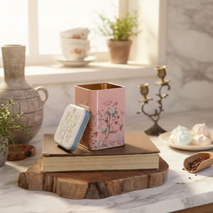 Kontensan ER0081G 0.5L Square Metal Tin <b>Box</b> 75x75x102mm Slip Lid Floral Design Pastel Pink Food Grade Recyclable Embossed Logo - Product Image 3