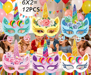 หน้ากากธีมยูนิคอร์นสำหรับเด็ก ทำจากกระดาษแข็งสีขาว 350 แกรม พร้อมสายคล้องคอ สำหรับงานปาร์ตี้วันเกิด DIY  งานฝีมือ 12 ชิ้น - Product Image 3