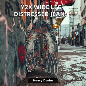 Jean Y2K de haute qualité, coupe bootcut, ample, jambe large, effet usé, broderie, coupes et coutures, streetwear, denim, délavé, vintage - Product Image 2