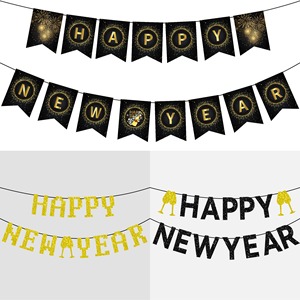 Happy New Year <b>Banner</b> Black & Gold New Year's Eve Party Bunting Sparkling Hanging Garland - Product Image 2