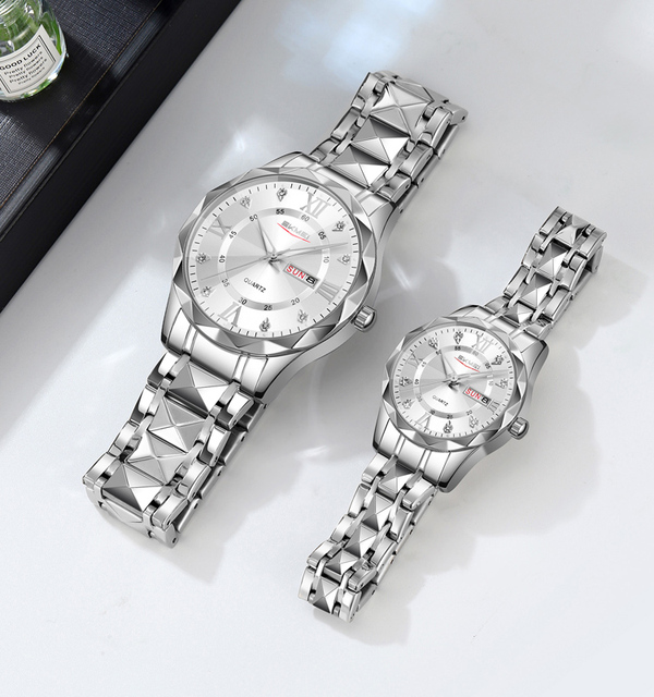 SKMEI 9369 Couple's Watch - 41 mm Slim Design, Stainless Steel, Date/Week Display, 30M