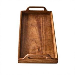 Plateau de service en bois brun écologique, peint à la main, design bohème rond, pour cadeaux, décoration de table, fabriqué au Vietnam - Product Image 1