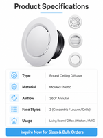 Grille d'aération moderne en plastique ABS blanc pour système d'air frais extérieur, bureau, sous-sol, entrepôt, atelier, système d'évacuation d'air rond